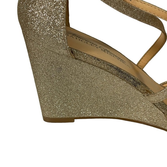 American Glamour Badgley Mischka Gold Glitter Dressy Strappy Wedge Sandals Sz 7 - Picture 14 of 14